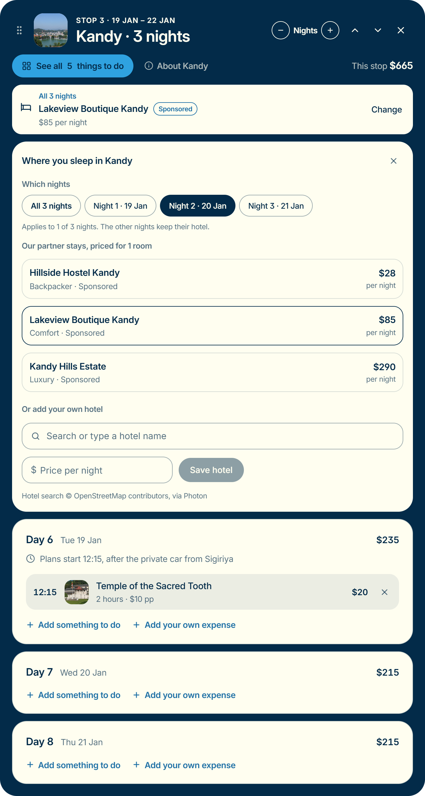 Hotel picker with partner stays and a night-by-night selector